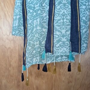 Teal and Navy Patterned Scarf with Tassels